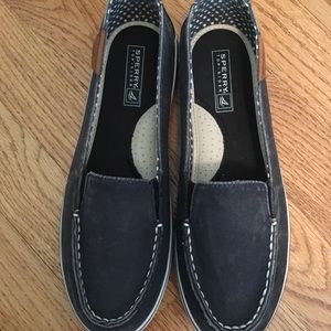 Blue Sperry slip ons